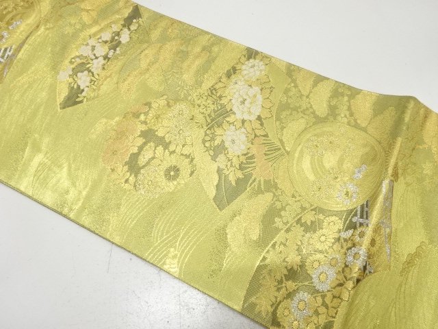 金糸　地紙に草花模様織り出し　袋帯